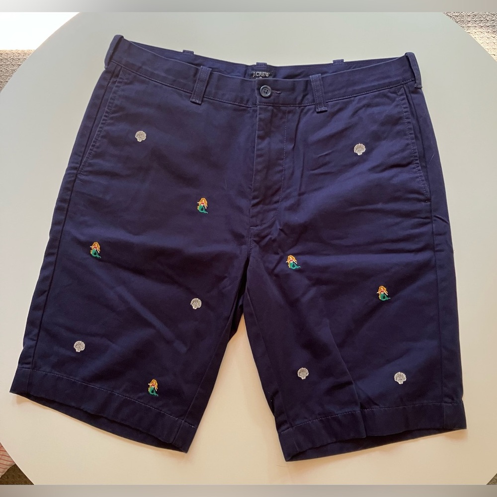 J. Crew Mens Navy Embroidered Rivington Shorts. Waist Size 35.